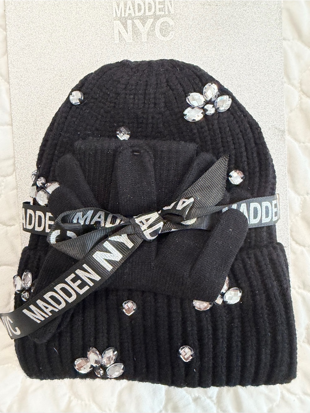 Ladies Black Knit Beanie with Crystal Accents